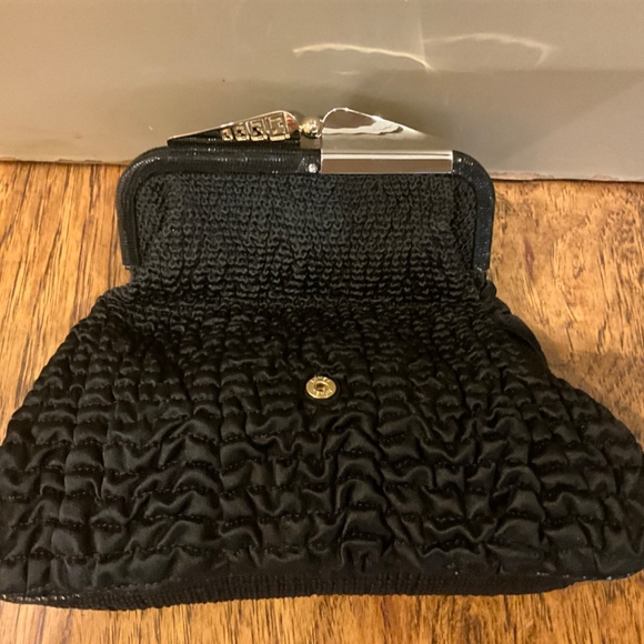 FENDI Borderline Clutch in Black Pleated Satin with Gold and Silver Kiss Lock - Picture 5 of 14